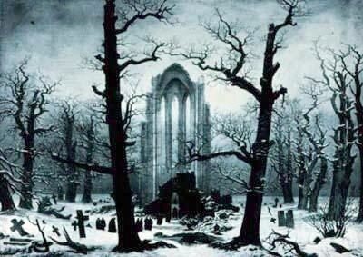 Ilustracja przedstawia zimowy wieczorny krajobraz. Jest to widok cmentarza. Na niewielkim ośnieżonym terenie rosną nagie drzewa z krótkimi, wijącymi się gałązkami. Między nimi stoją niskie nagrobki i pochylające się krzyże. Na drugim planie stoją ruiny kaplicy. Przez wąskie, wysokie otwory okienne przebija wieczorne, zimne światło. W tle liczne chmury na niebie.
