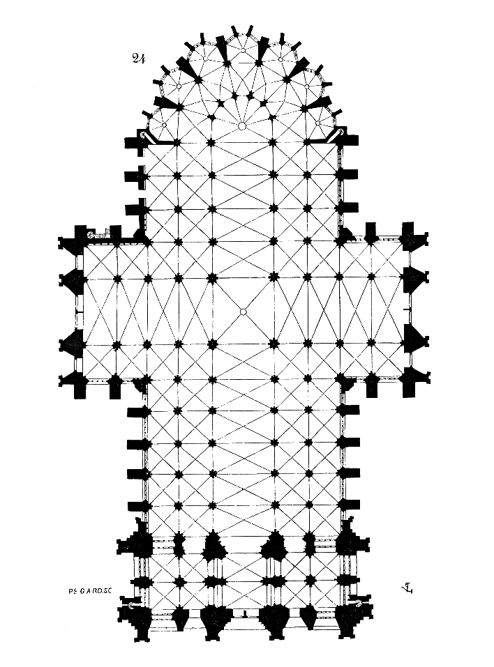 Plan katedry św. Piotra i Najświętszej Marii Panny w Kolonii, rzut z góry, katedra na planie krzyża.