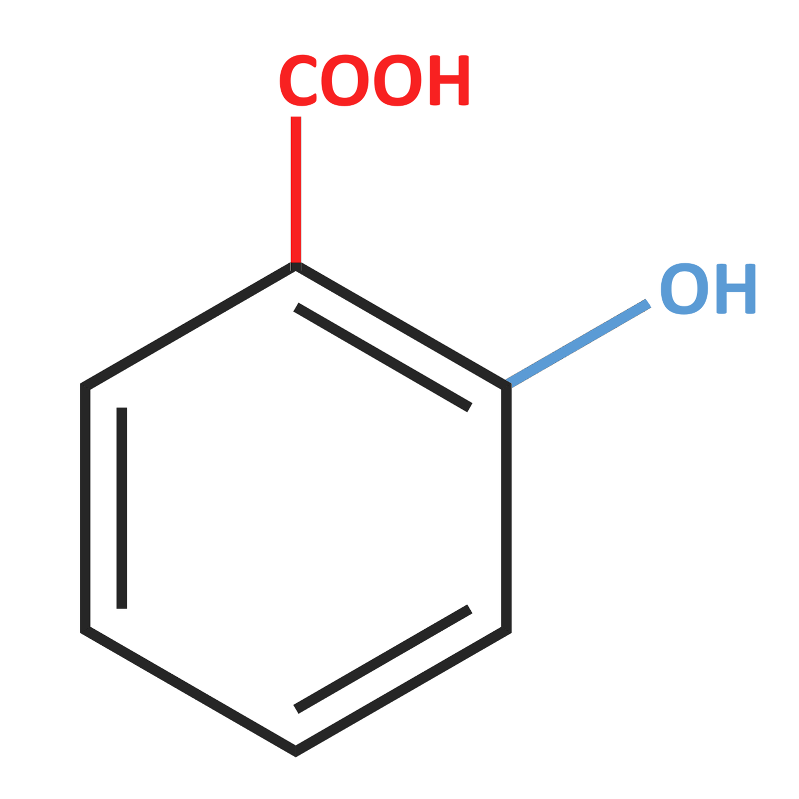 Na ilustracji jest wzór kwasu 2‑hydroksybenzoesowego: sześcioczłonowy pierścień z trzema wiązaniami podwójnymi połączony jest na górze z grupą COOH, a po prawej stronie łączy się grupą OH.