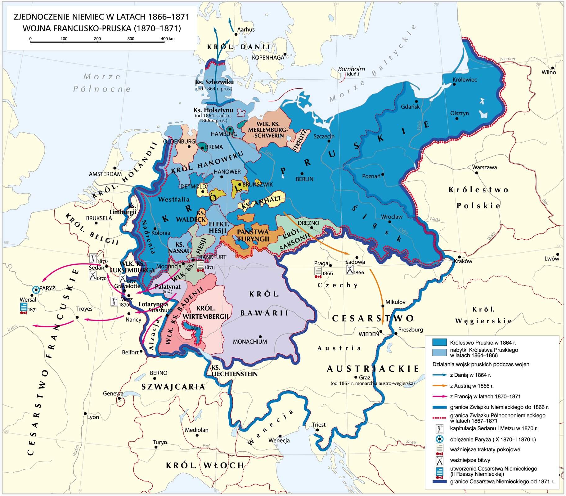 Mapa: przedstawia:
Obszar Królestwa Pruskiego z 1864 roku,
Nabytki Królestwa Pruskiego w latach 1864‑1866:
Królestwo Hanoweru, Księstwo Szlezwiku, Księstwo Holsztynu, Księstwo Nassau, Elektorat Hesji, Ziemie, które weszły w granice Cesarstwa Niemieckiego od 1871 r.:
Królestwo Prus, Palatynat, Wielkie Księstwo Hesji,
Alzacja, Lotaryngia, Wielkie Księstwo Badenii, Królestwo Bawarii, Królestwo Wirtembergii, Królestwo Saksonii, Państwa Turyngii, Księstwo Anhalt, Księstwo Waldeck, Brunszwik,
Wielkie Księstwo Meklemburg‑Schwerin, , Strelitz,
Wraz z zachodnią częścią Cesarstwa Austriackiego powyższe ziemie do 1866 roku wchodziły w skład Związku Niemieckiego.
Ziemie niewchodzące w skład Związku Północnoniemieckiego:
Palatynat, Wielkie Księstwo Badenii, Królestwo Bawarii, Królestwo Wirtenbergii, Południowa część Wielkiego Księstwa Hesji,
Kraje pokazane na mapie:
Cesarstwo Francuskie, Księstwo Lichtensteinu,
Szwajcaria, Królestwo Włoch, Wielkie Księstwo Luksemburga, Królestwo Belgii, Królestwo Holandii,
Cesarstwo Austriackie, Królestwo Polskie, Królestwo Danii,
Bitwy: Sadowa 1866, Gravelotte 1870, Sedan 1870,
Metz 1870,
Oblężenie: Oblężenie Paryża w 1870 r.
Kapitulacja:
Kapitulacja Sedanu i Metzu w 1870 r.
Inne wydarzenia:
Traktat pokojowy w Pradze w 1866 r.,
Proklamacja II Rzeszy Niemieckiej w Wersalu w 1871 r.,
Traktat pokojowy we Frankfurcie w 1871 r..