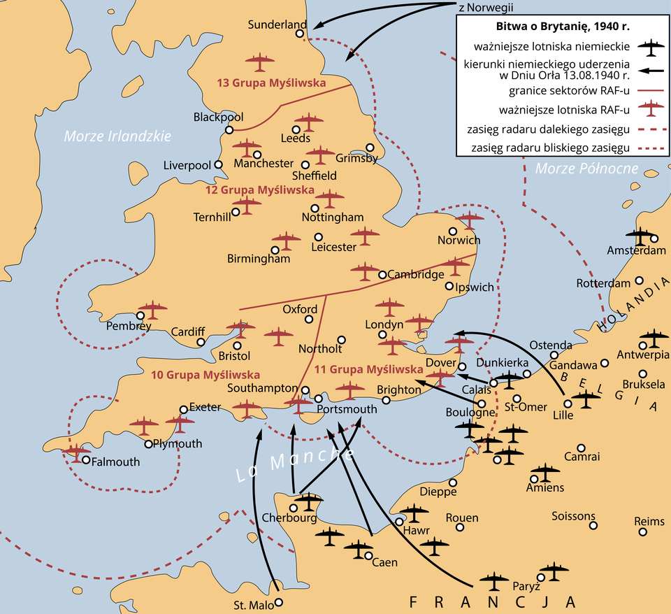 Mapa ilustruje Bitwę o Brytanię w 1940 roku. Ważniejsze lotniska niemieckie znajdowały się na terenie Belgii i północnej Francji: Amsterdam, Lille, Dunkierka, Calais, Boulogne, Amiens, Hawr, Caen, Cherbourg, Paryż, Antwerpia. Kierunki niemieckiego uderzenia w Dniu Orła 13.08.1940 rok z Francji i Belgii oraz Norwegii na Wyspy Brytyjskie. Granice sektorów RAF‑u Wielka Brytania była podzielona na cztery części: dwie na południu, centralną i północną. Ważniejsze lotniska RAF‑u Brighton, Dover, Portsmouth, Exeter, Falmouth, Bristol, Pembrey, Londyn, Cambridge, Ipswich, Norwich, Leicester, Nottingham, Birmingham, Ternhil, Manchester, Leeds, 13 Grupa Myśliwska. 