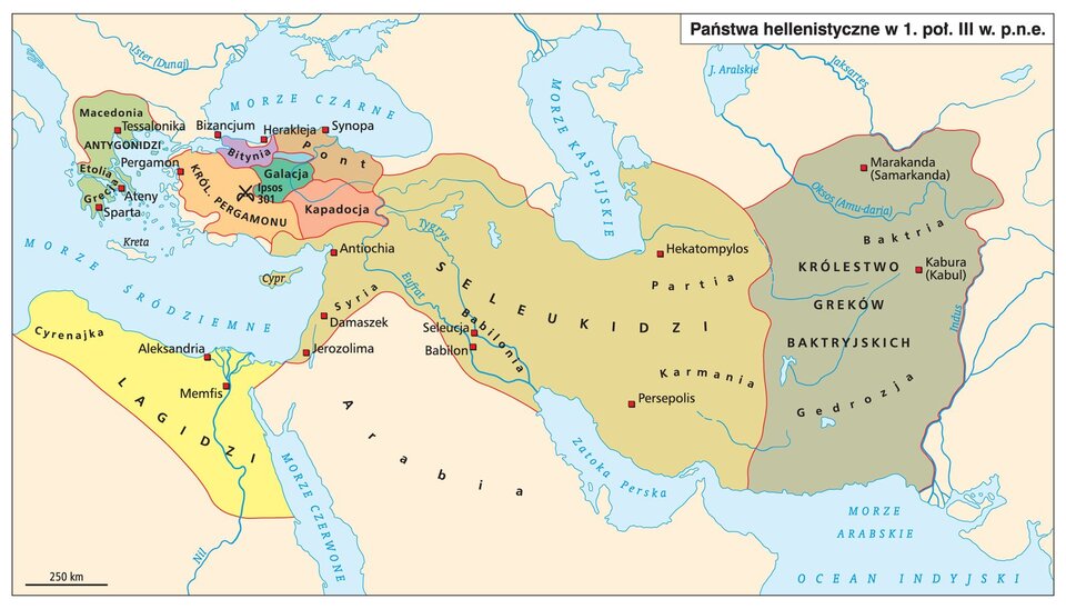 Mapa przedstawia państwa hellenistyczne w pierwszej połowie trzeciego wieku przed naszą erą. Należą do nich Macedonia, Etolia, Grecja z Atenami i Spartą, zamieszkiwali ten obszar Antygonidzi; Bitynia (Bizancjum), Pont (Synopa), Galacja (Ipsos bitwa 301 rok), Kapadocja, Królestwo Pergamonu, kraj Seleukidów (Cypr, Antiochia, Damaszek, Jerozolima, Seleucja, Babilon, Persepolis, Hekatompylos), Królestwo Greków Bakrtyjskich  (Kabul, Samarkanda, Gedrozja), kraj zamieszkiwany przez Lagidów (północno‑wschodnia część współczesnego Egiptu) z miastami Aleksandria, Memfis.    