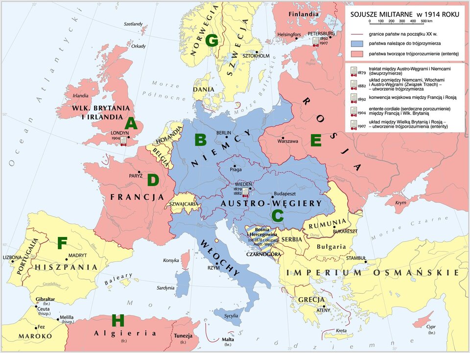 Mapa przedstawia sojusze militarne w 1814 roku. Państwa należące do trójprzymierza: Niemcy, Austro‑Węgry, Włochy, Sycylia czyli tereny obecnych Niemiec, Czech, Słowacji, Chorwacji, znacznej części Polski, Węgier,  Austrii. Włoch i Sycylii. Państwa tworzące trójporozumienie (ententę) : Rosja wraz z dzisiejszymi terenami Białorusi i, Litwy. Łotwy, Estonii oraz części Ukrainy; Francja, Wielka Brytania. We Wiedniu miał miało miejsce: Traktat między Austro- Węgrami i Niemcami (dwuprzymierze) 1879  roku układu pomiędzy Niemcami, Włochami i Austro- Węgrami (Związek Trzech)- utworzenie trójprzymierza. W Petersburgu miało miejsce: 1892 rok konwencja wojskowa między Francją i Rosją, 1904 rok ententę cordiale ( serdeczne porozumienie ) między Francją i Wielką Brytanią w Londynie, 1907 rok układ między Wielką Brytanią i Rosją – utworzenie trójporozumienia (ententy). 