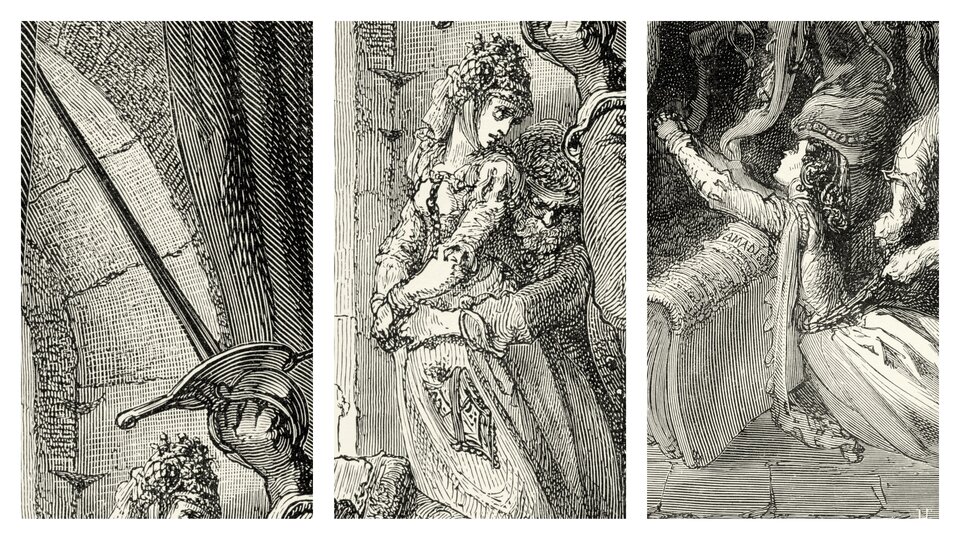 Grafika składa się z trzech obrazów. Na pierwszym z lewej widzimy ujętą w dłoń szpadę wyciągniętą ku górze. Na środkowej grafice widzimy damę w strojnych szatach i kapeluszu z kwiatami na głowie, którą od tyłu, w pasie, obejmuje brodaty mężczyzna. Kobieta odwraca w jego kierunku głowę, jest zdziwiona. Na ostatnim rysunku widzimy klęczącą kobietę w zdobnych szatach z wyciągniętymi w modlitwie do przodu rękoma.