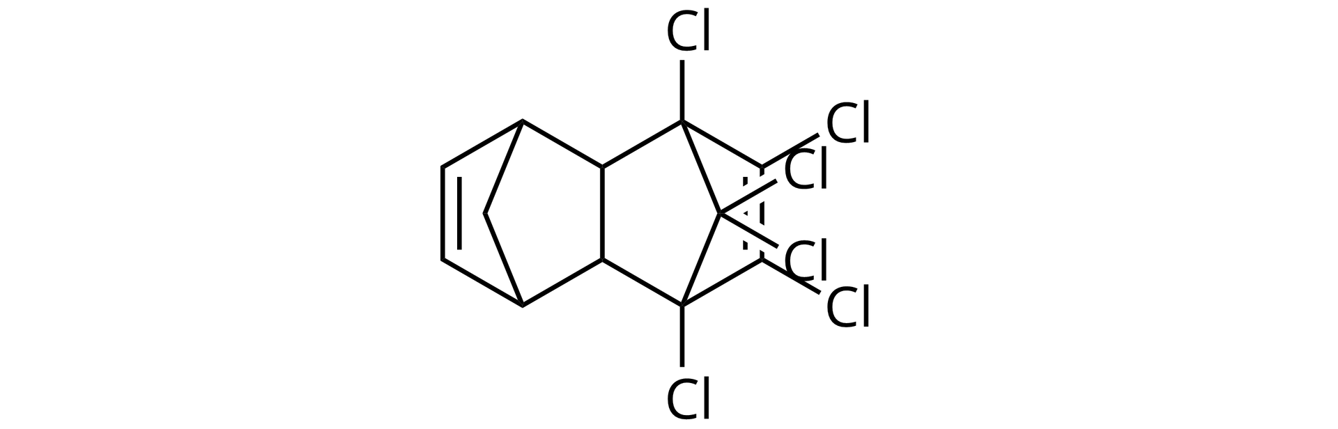 Ilustracja przedstawia wzór półstrukturalny aldryny. Dwa pierścienie sześcioczłonowe są ze sobą skondensowane, posiadają dwa wspólne atomy węgla, tak zwane atomy mostkowe. Ponadto w jedynym z pierścieniu, na rysunku z lewej strony, znajduje się wiązanie podwójne naprzeciwległe do wiązania łączącego wspomniane atomy mostkowe. Ponadto w lewym pierścieniu dwa pozostałe tomy węgla, niezwiązane wiązaniem podwójnym, ani nie będące omówionymi atomami mostkowymi łączą się ze sobą poprzez dodatkowy atom węgla, zatem powstaje kolejny już mostek. Idąc do prawego pierścienia sześcioczłonowego, w nim również znajduje się analogicznie wiązanie podwójne i dodatkowy mostek, jednak wszystkie obecne w nim atomy, z wyjątkiem mostkowych podstawione są każdy jednym atomem chloru, a atom tworzący dodatkowym mostek podstawiony jest dwoma atomami chloru. 
