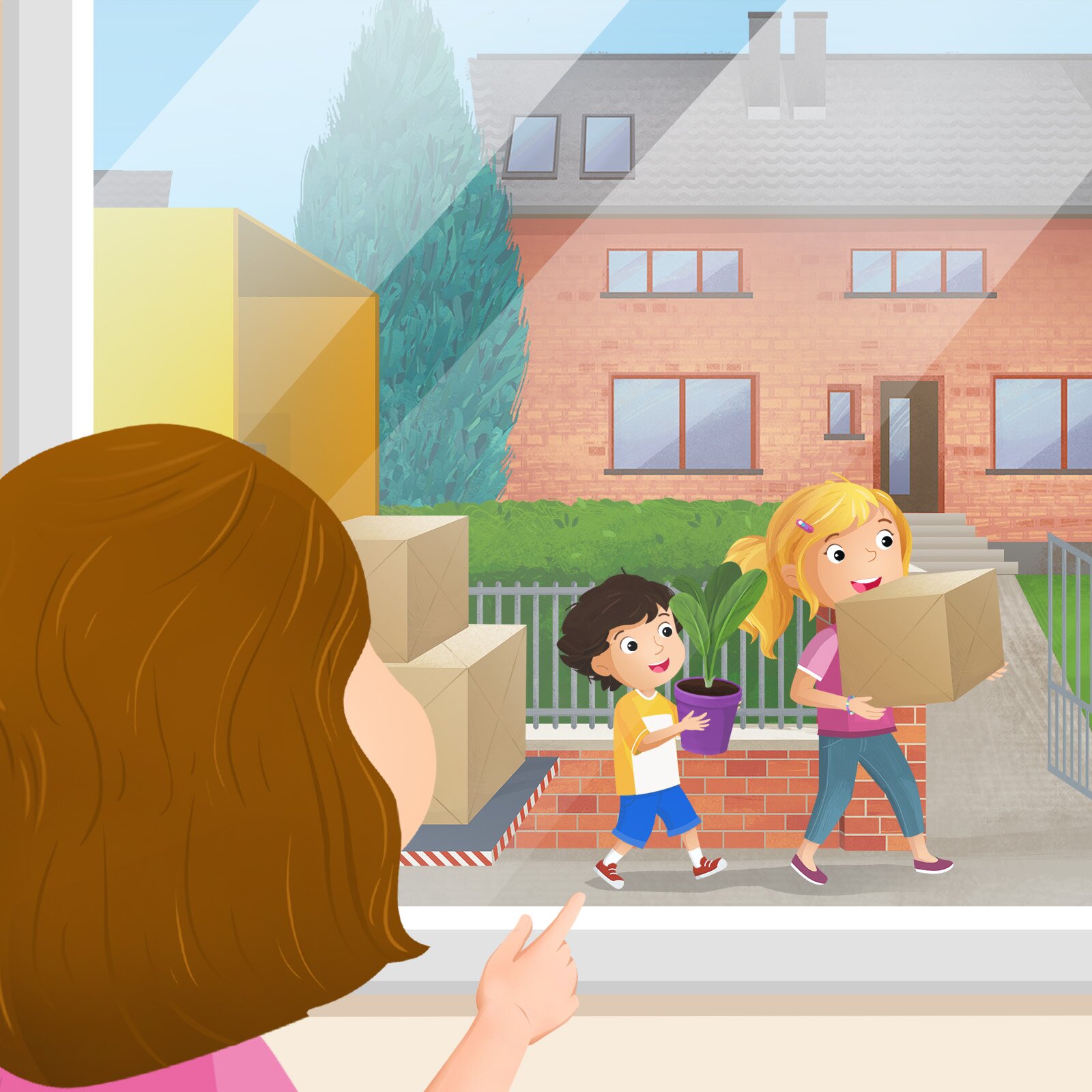 Ilustracja przedstawia dziewczynkę z brązowymi włosami, która patrzy przez okno, jak dwoje dzieci wnosi karton i kwiat w doniczce do swojego nowego domu.