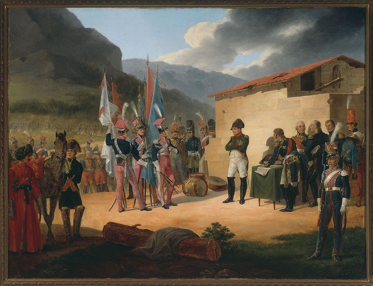 Obraz przedstawia scenę składania przez trzech polskich żołnierzy zdobytych sztandarów. Żołnierze stoją prze obliczem Napoleona i stojących nieopodal francuskich generałów. Scenie przyglądają się licznie zgromadzeni inni polscy żołnierze.