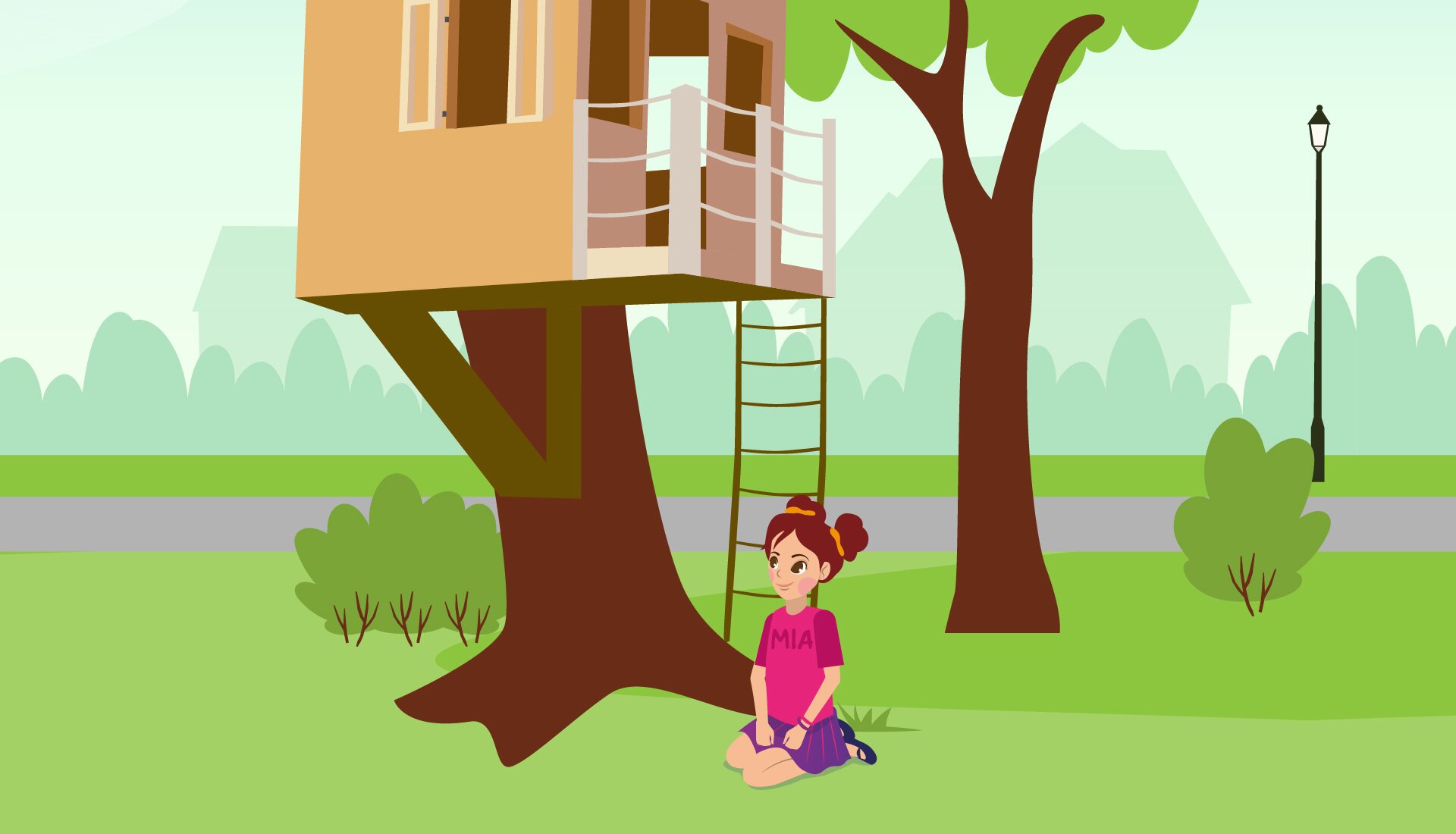 Ilustracja przedstawia dziewczynkę o imieniu  Mia , siedzącą na trawie pod domkiem, który zbudowano na drzewie. 
