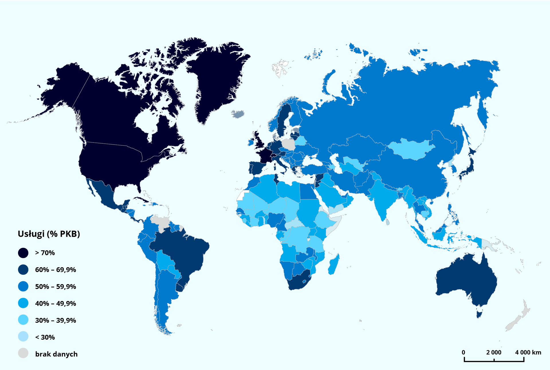 Udział usług w PKB na świecie w 2019 roku (w %)