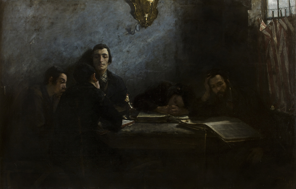 Obraz przedstawia wnętrze niewielkiego, ciemnego pomieszczenia. Pośrodku stoi drewniany stół. Na blacie leżą trzy grube księgi. Są otwarte. Przy stole siedzi pięciu młodych mężczyzn. Mają pociągłe twarze, ciemne brwi oraz duże nosy. Na ich twarzach maluje się zmęczenie. Na czubkach głów mają ciemne jarmułki. Są ubrani w długie, ciemne szaty. Jeden opiera się o ścianę. Ukazuje twarz w całości, drzemiąc. Obok niego drugi mężczyzna opiera lewy policzek o książkę. Śpi. Trzeci mężczyzna opiera głowę o prawą rękę. Ukazuje trzy czwarte twarzy. Głowę kieruje w swoją lewą stronę. Patrzy w dół. Jest zamyślony. Po przeciwnej stronie stołu siedzi czwarty mężczyzna. Jest odwrócony do nas tyłem. Piąty mężczyzna ukazuje prawy profil. Patrzy na stół. Po prawej stronie obrazu znajduje się okno. Jest przysłonięte pasiastą zasłoną.