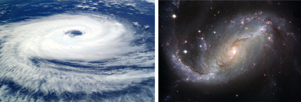Ilustracja przedstawia dwa zdjęcia. Po lewo umieszczono zdjęcie satelitarne huraganu Katarina, układający się w kształt spirali. Po prawo umieszczono zdjęcie galaktyki spiralnej.
