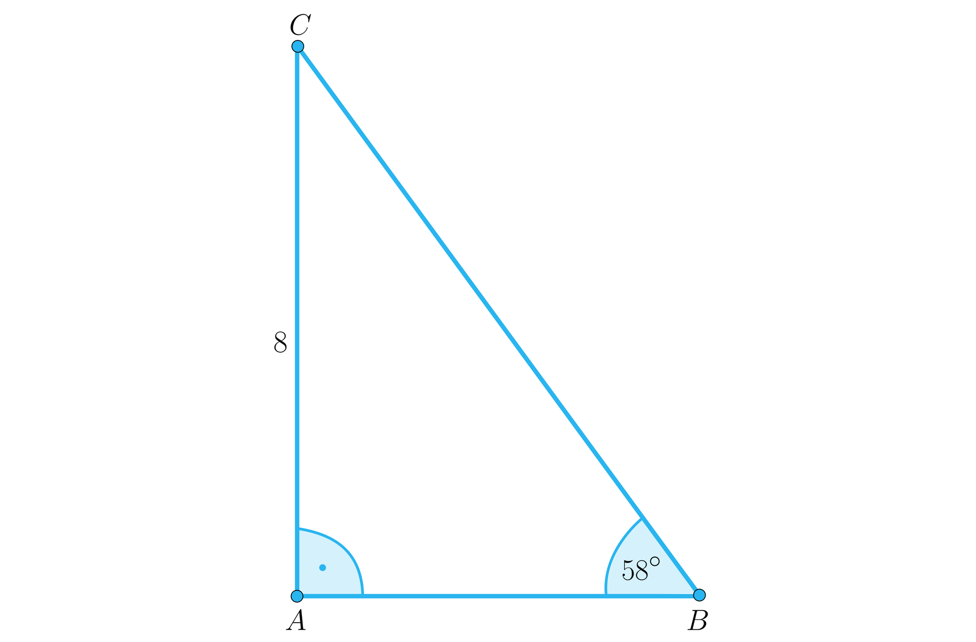 Rysunek przedstawia trójkąt prostokątny ABC o podstawie  AB, o pionowej przyprostokątnej CA o długości 8 oraz o przekątnej CB. Na rysunku zaznaczono dwa kąty wewnętrzne trójkąta. Przy wierzchołku A zaznaczono kąt prosty, a przy wierzchołku B kąt 58 stopni.