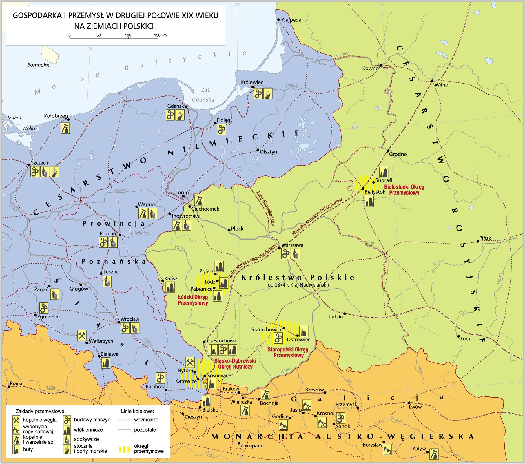 Mapa prezentująca gospodarkę i przemysł na ziemiach polskich w drugiej połowie XIX wieku. Na mapie zaznaczono:
zakłady przemysłowe:
KOPALNIE WĘGLA:
Cesarstwo Niemieckie: Bytom i okolice, Wałbrzych, 
WYDOBYCIA ROPY NAFTOWEJ:
Królestwo Polskie: Ciechocinek, Inowrocław, 
Monarchia Austro‑Węgierska: Gorlice, Jasło, 
Krosno, Borysław, 
KOPALNIE I WARZELNIE SOLI:
Królestwo Polskie: Ciechocinek, Inowrocław, 
Cesarstwo Niemieckie: , Kołobrzeg, Wapno, 
Monarchia Austro‑Węgierska: Bochnia, Wieliczka, 
Kalisz, 
HUTY: 
Królestwo Polskie: Ostrowiec, Częstochowa, 
BUDOWY MASZYN:
Cesarstwo Niemieckie: Królewiec, Elbląg, Gdańsk, 
Szczecin, Poznań, Zgorzelec, Wrocław, Racibórz, 
Królestwo Polskie: Starachowice, Częstochowa, 
Monarchia Austro‑Węgierska: Sanok
WŁÓKIENNICZE:
Królestwo Polskie: , Supraśl, Białystok, Zgierz, Łódź, 
Pabianice, Kalisz, Częstochowa, 
Cesarstwo Niemieckie: , Bielawa, 
Monarchia Austro‑Węgierska: Bielsko
SPOŻYWCZE:
Królestwo Polskie: Warszawa, Inowrocław, Cesarstwo Niemieckie: Szczecin, Wapno, Leszno, Żagań,
Stocznie i porty morskie: Królewiec, Gdańsk, Szczecin
Okręgi przemysłowe:
Królestwo Polskie:
Białostocki Okręg Przemysłowy,
Łódzki Okręg Przemysłowy
Staropolski Okręg Przemysłowy
Śląsko‑Dąbrowski Okręg Hutniczy
Cesarstwo Niemieckie:
Śląsko‑Dąbrowski Okręg Hutniczy