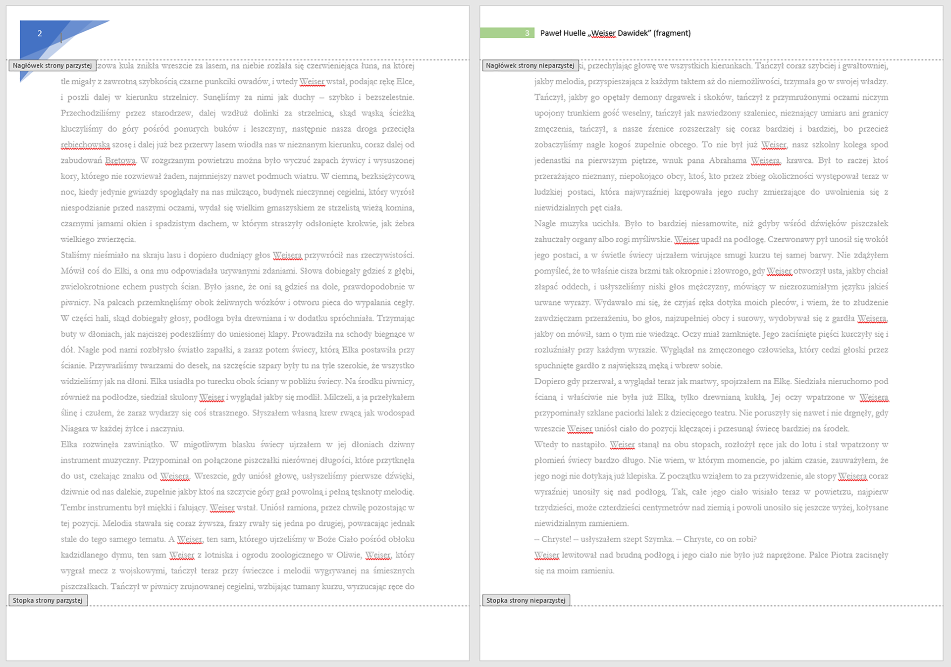 Ilustracja przedstawiająca dwie strony z tekstem obok siebie. Na stronach umieszczono etykiety obok nagłówków i stopek. Na pierwszej stronie etykiety to: Nagłówek strony parzystej i Stopka strony parzystej. Na drugiej stronie etykiety to: Nagłówek strony nieparzystej i Stopka strony nieparzystej. Strony różnią się wyglądem nagłówków. 