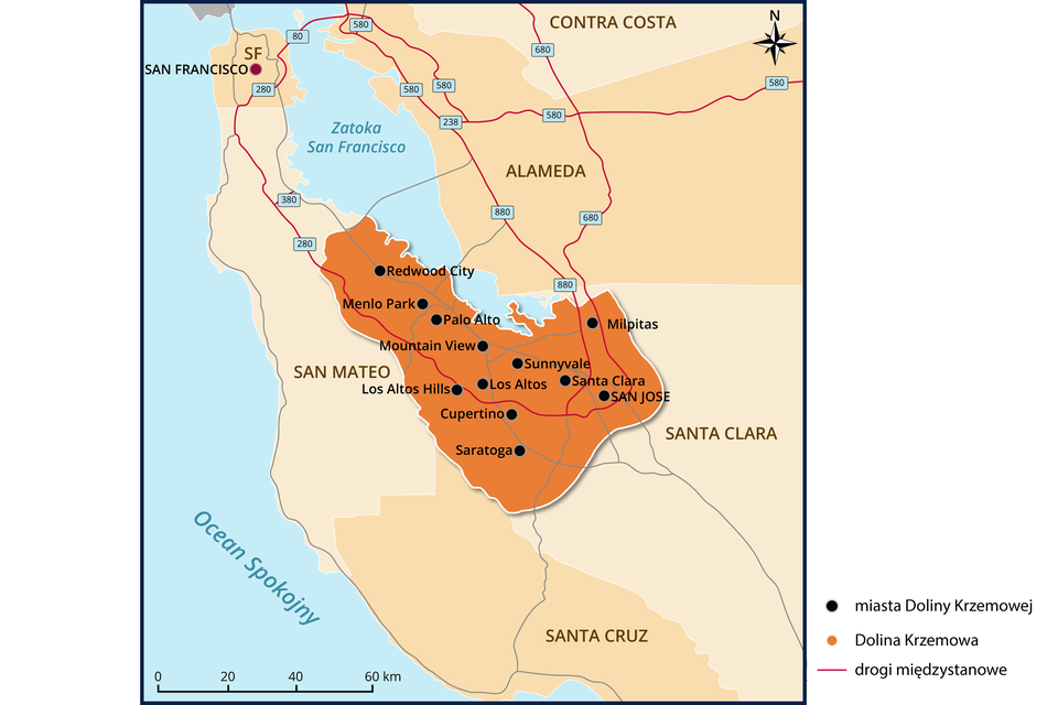 Mapa przedstawia położenie Doliny Krzemowej. Dolina zaznaczona na pomarańczowo ma kształt wysokiego trampka stojącego na piętce,. Od góry do Doliny dochodzi Zatoka San Francisco. Po prawej od Doliny jest teren oznaczony jako San Mateo, na południe Santa Cruz, a po lewej Santa Clara. Powyżej znajduje się Alameda, a jeszcze wyżej Contra Costa,. Na terenie Doliny oznaczono wiele nazw miast:  Redwood City, Menlo Park, Palo Alto,  Mountain Viw, Los Altos Hills, Los Altos, Cupertino, Saratoga, Sunnyvale, Santa Clara, San Jose, Milpitas.