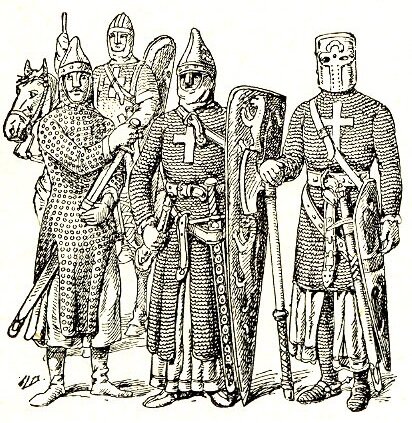 Szkic przedstawia czterech krzyżowców. Są oni ubrani w ciężkie zbroje z symbolami krzyża. Mają długie miecze, topory, hełmy i ogromne tarcze. Jeden z nich siedzi na koniu. 