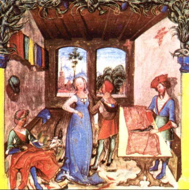 Obraz przedstawia średniowieczną scenę rodzajową. W domu, w pokoju znajdują się dwie kobiety i dwóch mężczyzn. Pośrodku pokoju stoi młoda kobieta w zdobnej sukni. Obok niej stoi mężczyzna, który bierze miarę. Nieopodal nich, przy stole, stoi inny mężczyzna, ze zwojem materiału. Po drugiej stronie pokoju siedzi kobieta, szyje suknię,