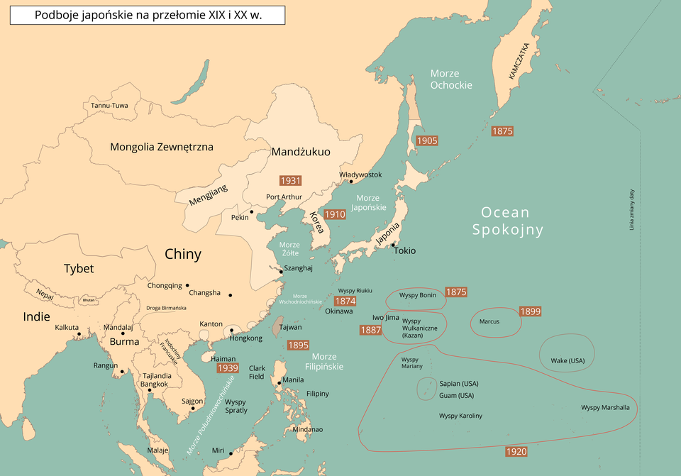 Mapa Azji. Przedstawia podboje japońskie na przełomie XIX i XX wieku wraz z datami. 1874: Okinawa. 1875: Wyspy Bonin, Kamczatka. 1887: Wyspy Wulkaniczne. 1895: Tajwan. 1899: Marcus. 1905: tereny nad Morzem Ochockim. 1910: Korea. 1920: Wyspy Mariany, Sapian, Guam, Wyspy Karoliny, Wyspy Marshalla. 1931: Madżukuo. 1939: Haiman.