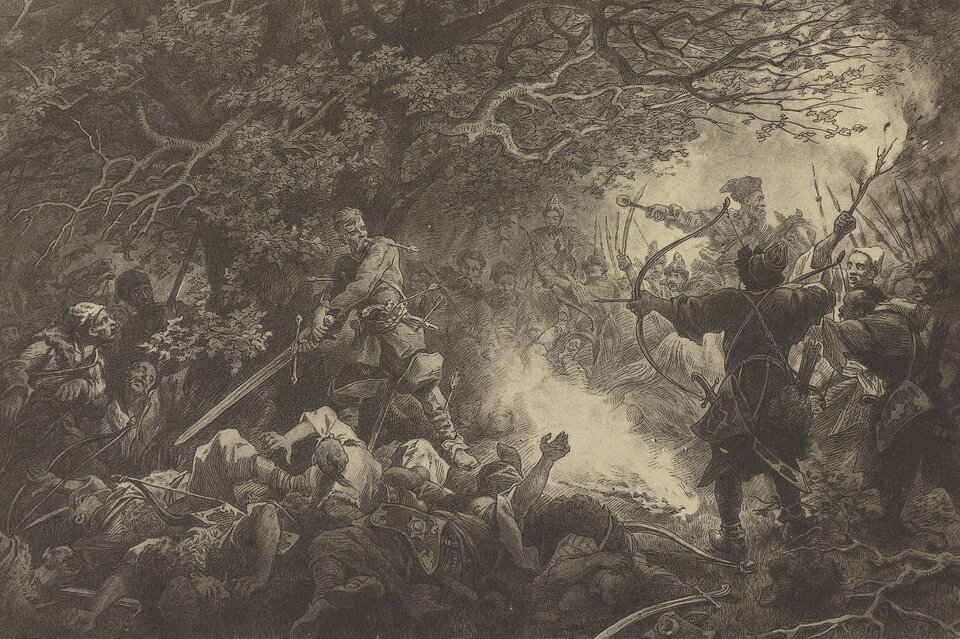 Ilustracja przedstawia leśną polanę. Grupa łuczników ubranych w futrzane kubraki i czapki otacza bardzo wysokiego mężczyznę. Mężczyzna ma sumiaste wąsy i włosy obcięte „pod miskę”. Trzyma oburącz długi miecz. Jego ciało jest poranione, przybite strzałami w kilku miejscach. Pod jego nogami leżą ciała kilku martwych mężczyzn z łukami.