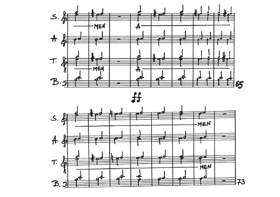 Ilustracja przedstawia zapis nutowy utworu Amen Henryka Mikołaja Góreckiego.Utwór zapisany jest na cztery głosy chóralne: sopran (S.), alt (A.), tenor (T.) i bas (B.). Tenor zapisany jest w kluczu wiolinowym z ósemką (oktawa niżej). Partytura jest rękopiśmienna. Utwór rozpoczyna się w metrum 2/4, z tempem Lento e tranquillo. W dalszej części pojawia się zmiana tempa na poco avanti z oznaczeniem espressivo. Jedyne słowo to „Amen", rozbite sylabicznie na „A–ME–N", powtarzane przez cały utwór we wszystkich głosach. Utwór rozpoczyna się w dynamice piano, następnie w okolicach taktu 33 pojawia się crescendo, które prowadzi do fortissimo osiągniętego około taktu 57–65. Końcowy fragment (ostatnia strona) przynosi wyciszenie przez mezzo forte do piano, zamykając utwór spokojnie. Początkowo faktura jest prosta, oparta na długich wartościach nutowych (półnuty, całe nuty) z pauzami. W miarę rozwoju utwór zagęszcza się i pojawiają się krótsze wartości, chromatyczne alteracje (krzyżyki) oraz coraz gęstsze współbrzmienia we wszystkich głosach równocześnie. Rytmika jest jednorodna i powtarzalna, oparta na stopniowych przekształceniach tego samego motywu.