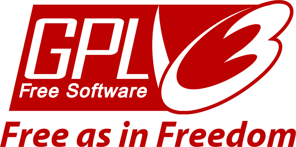 Grafika informacyjna Logo GPL. Na czerwonym tle, pod napisem wielkimi literami GPL umieszczono tekst Free Softwere. Po prawej umieszczono cyfrę 3. Poniżej tekst czerwoną czcionką: Free as in Freedom.