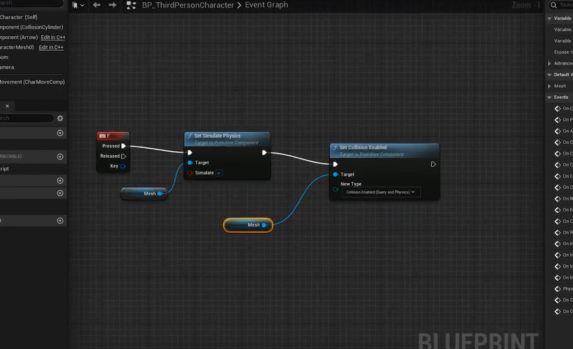 Fragment blueprintu przeszkody, w którym widoczne są funkcje odpowiedzialne za jej kolizję
