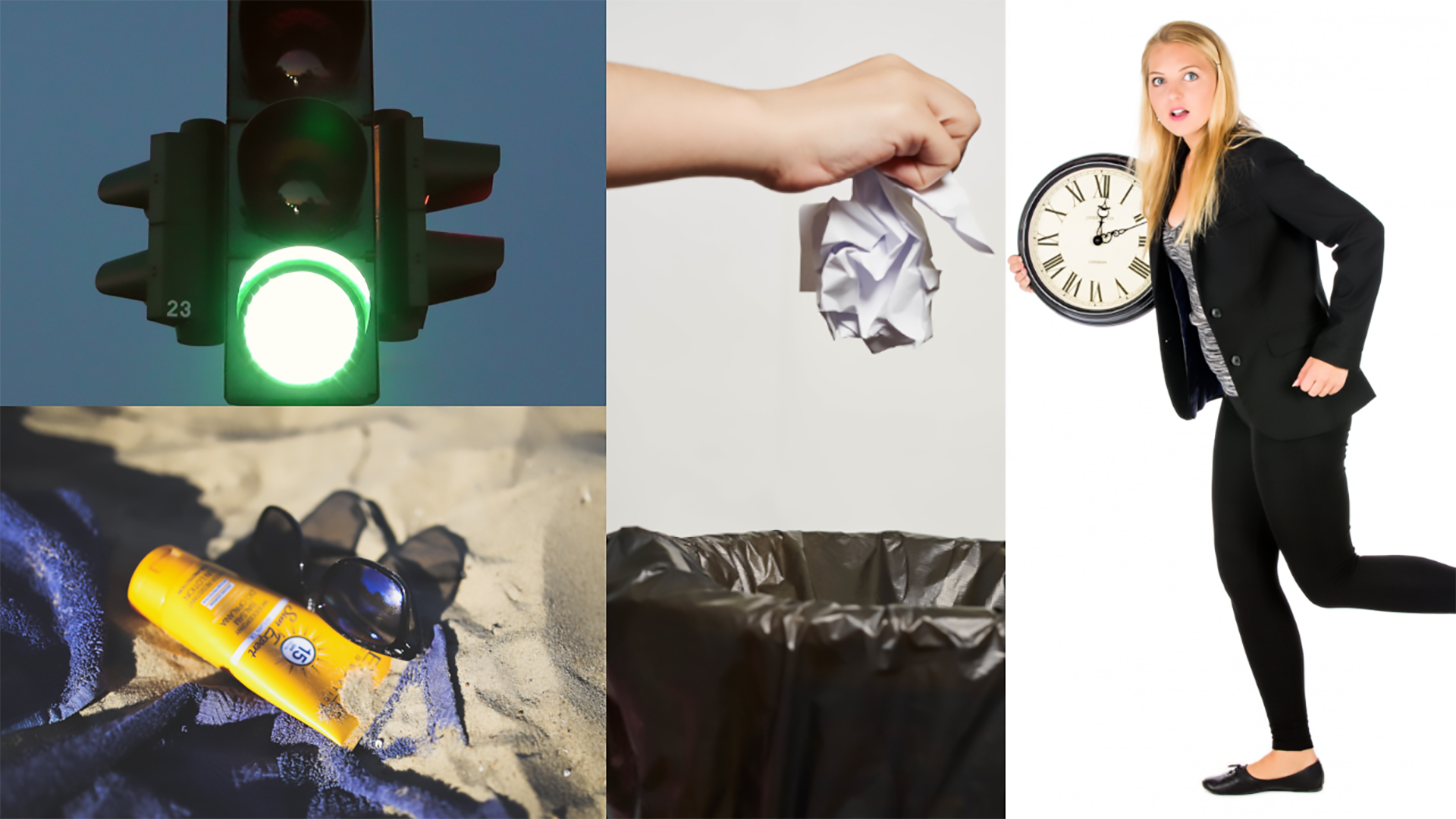 Ilustracja przedstawia kolaż złożony z czterech zdjęć. Na pierwszym zdjęciu od lewej na górze znajduje się sygnalizacja świetlna z zielonym światłem. Pod spodem jest zdjęcie leżącego na plaży koca, na którym są okulary przeciwsłoneczne i krem z filtrem. Na środku jest zdjęcie ręki, która wyrzuca papierek do kosza. Zdjęcie po prawej przedstawia biegnącą kobietę, która trzyma w ręku duży zegar. Kobieta ma długie, blond włosy i ciemny strój.