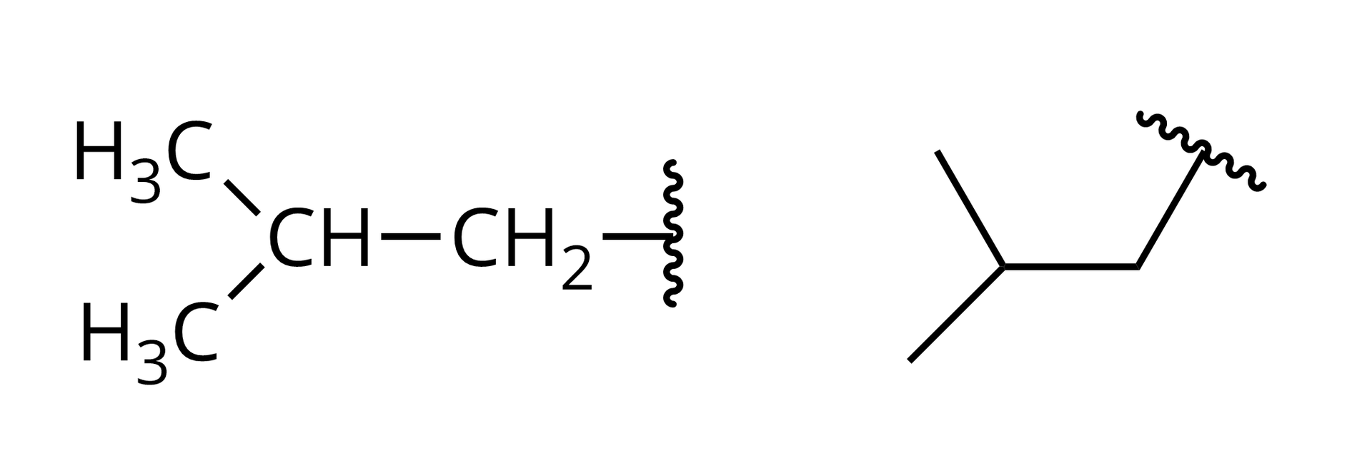 Ilustracja przedstawiająca dwa wzory półstrukturalny i kreskowy grupy (2-metylo)propylowej o strukturze grupa CH2, od której odchodzi wiązanie przecinane pod kątem prostym przez falistą linię oraz która związana jest z grupą C H, która to łączy się z dwiema grupami metylowymi CH3.