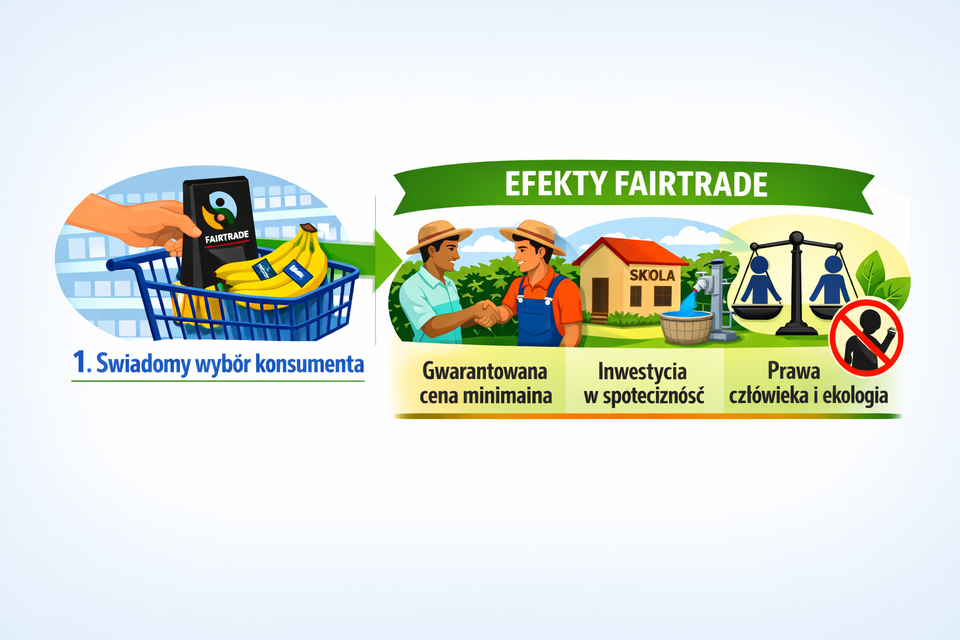 Infografika przedstawia proces Sprawiedliwego Handlu (Fairtrade) w dwóch częściach.
Po lewej stronie widoczna jest dłoń wkładająca produkty z logo Fairtrade (kawa, banany) do koszyka – symbol świadomego wyboru konsumenta.
Z koszyka wychodzi zielona strzałka prowadząca do prawej części z napisem „Efekty Fairtrade”, gdzie pokazano trzy konsekwencje:
Gwarantowana cena minimalna – uścisk dłoni między rolnikiem a kupującym na tle plantacji kawy.
Inwestycja w społeczność – mała szkoła z napisem „SZKOŁA” i studnia z czystą wodą.
Prawa człowieka i ekologia – waga symbolizująca równość płci oraz przekreślony symbol pracy dzieci otoczony zielonymi liśćmi.
Grafika ma jasne tło, żywe kolory (zielony, pomarańczowy, niebieski).