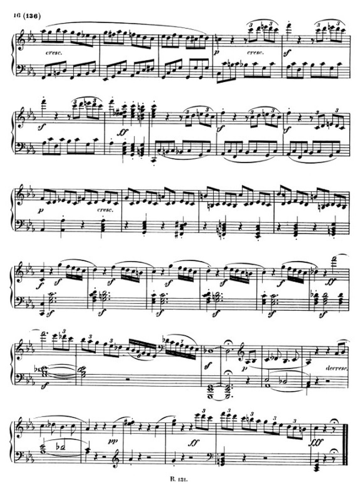 Zdjęcie przedstawia graficzny utwór muzyczny. Fotografia ukazuje czarną pięciolinię z nutami, na białej stronie utworu Ludwig van Beethoven – „Sonata fortepianowa c‑moll” opus 13 „Patetyczna”, część III.