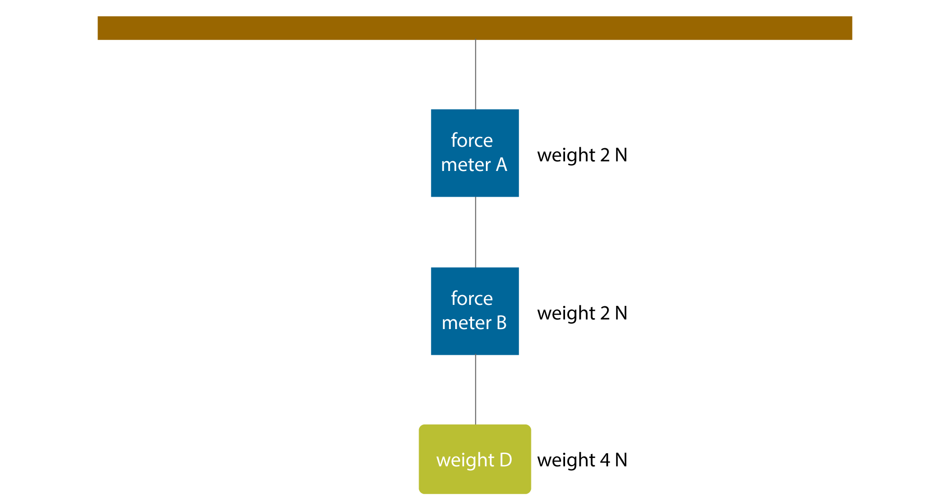 Na ilustracji jest przedstawiony prostokąt. Poniżej połączone odcinkami trzy figury, podpisane kolejno: force meter A, a obok weight 2 N, force meter B, a obok weight 2 N, weight D, a obok weight 4 N. 