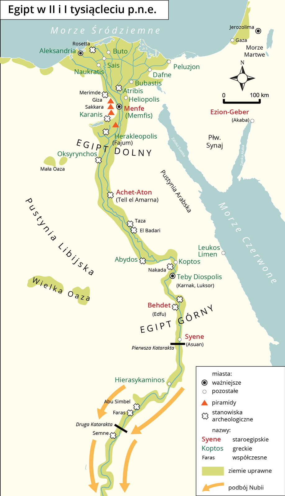 Mapa przedstawia Egipt w drugim i pierwszym tysiącleciu przed naszą erą.  Do Ważniejszych miast w Egipcie oraz Lewancie należała Jerozolima, Aleksandria, Menfe zwane Memfis, Teby Diospolis.  Ziemie uprawne znajdowały się wokół Nilu oraz jego ujścia, na oazach na zachód od Nilu orazw okolicach Gizy.  Egipcjanie ruszyli na południe z ekspansją w celu podbicia Nubii.  Piramidy znajdowały się w okolicach Gizy.  Do nazw greckich należała: Aleksandria, Peluzjon, Dafne, Buto, Sais, Bubastis, Atribis, Heliopolis, Memfis, Herakleopolis, Karanis, Leukos Limen, Abydos, Koptos oraz Teby Diospolis. Do nazw starogreckich należała Syene, Behdet, Achet‑Aton, Menfe oraz Ezion‑Geber.  Nazwy współczesne to Akaba, Jerozolima, Gaza, Asuan, Karnak lub Luksor, Fajum, Merimde, Giza, Rosetta, Sakkara, El Badari, Nakada, Abu Simbel, Faras oraz Semne.  Stanowiska archeologiczne znajdują się w Faras, Semne, Abu Simbel, Edfu, Nakada, Abydos, Taza, El Badari, Oksyrynchos, Fajum, Karanis, Merimde, Rosetta, Atribis. 