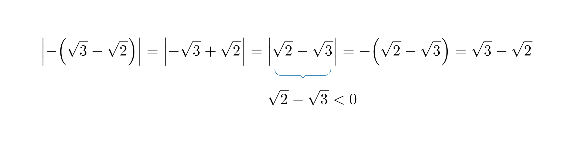 Na ilustracji przedstawione jest równanie rozwiązane pierwszym sposobem. -3-2=-3+2=2-3=, przy czym pod ostatnim modułem dodano, że 2-3&gt;0, więc dalej po znaku równości zapisano: =-2-3=3-2
