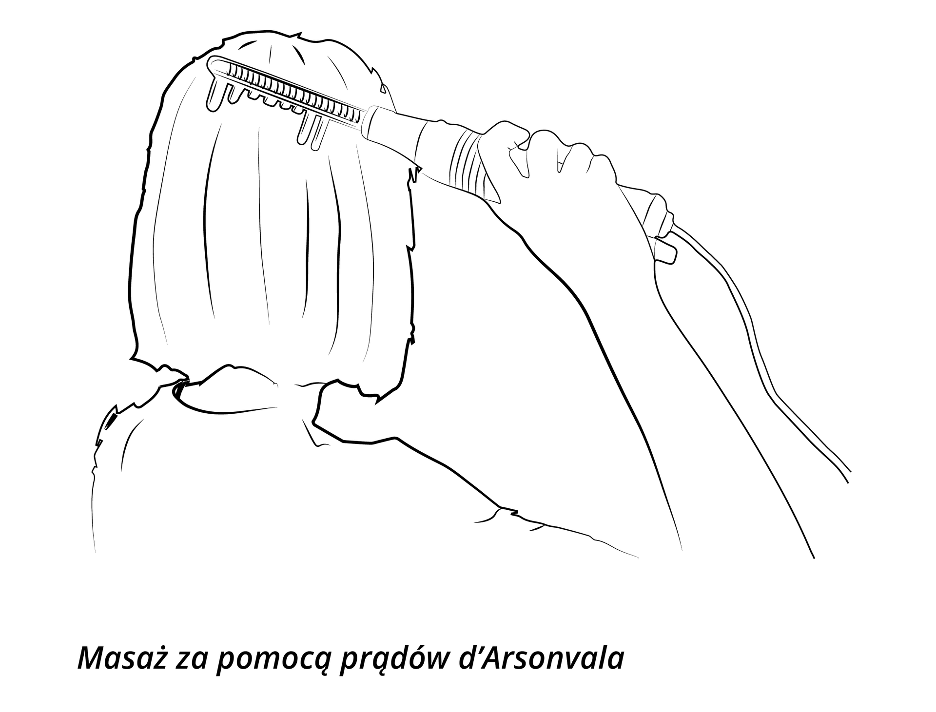 Grafika przedstawia tył kobiecej głowy i rękę trzymającą urządzenie o podłużnym kształcie. Urządzenie to znajduje się przy głowie.
