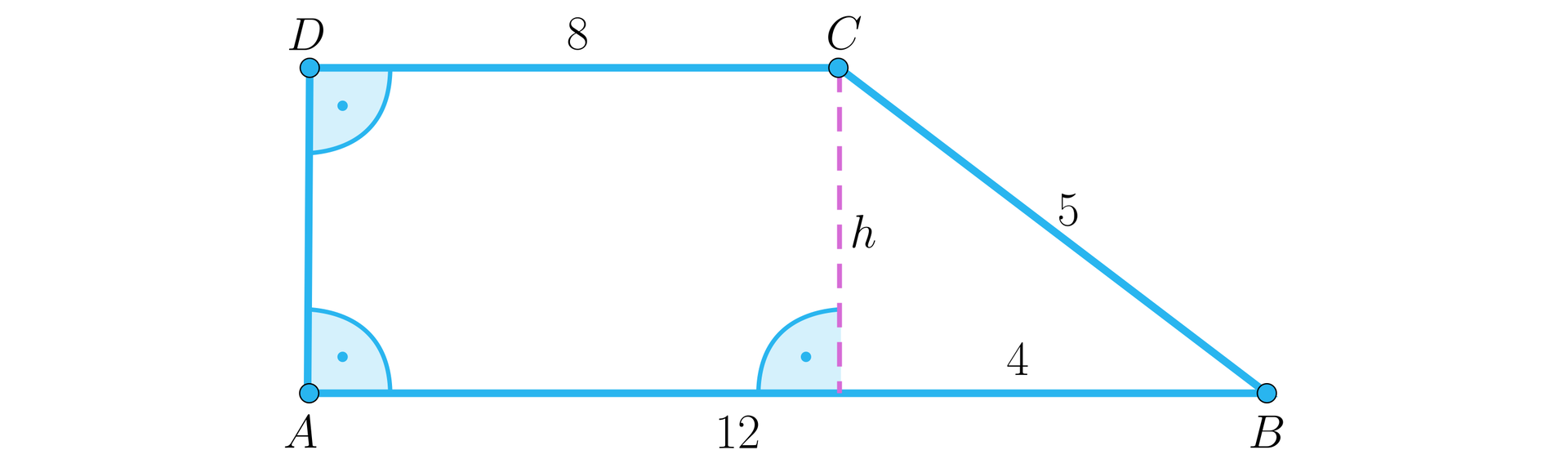 Ilustracja przedstawia trapez o wierzchołkach A B C D przy czym kąt D A B jest kątem prostym, a kąt A D C również jest kątem prostym. Dłuższa podstawa A B ma długość 12, krótsza podstawa ma długość 8, a ukośne ramię na długość pięć. W trapezie zaznaczono wysokość h, którą opuszczono z wierzchołka C na podstawę AB. Odcinek AB, znajdujący się pomiędzy wysokością a wierzchołkiem B ma długość cztery.