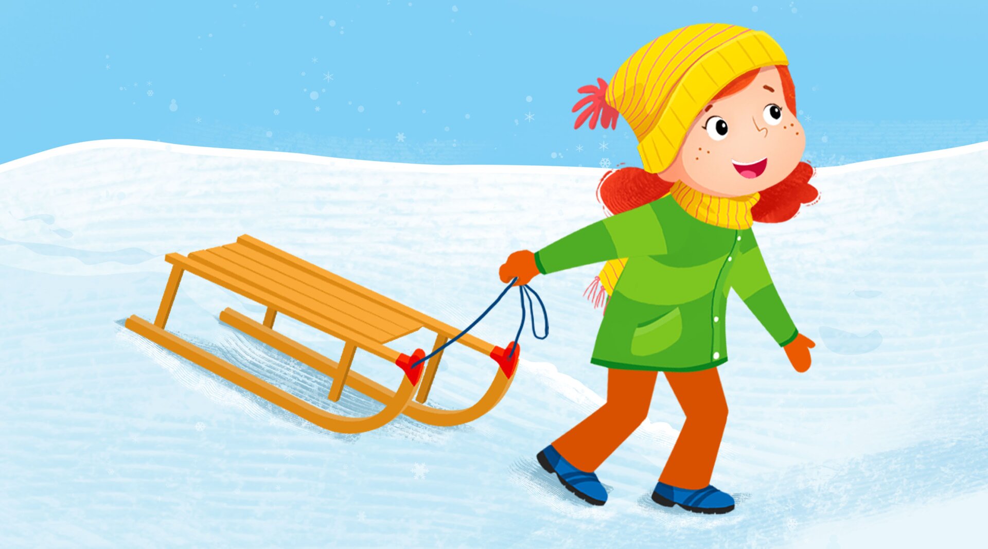 Na ilustracji znajduje się dziewczynka ciągnąca sanki.