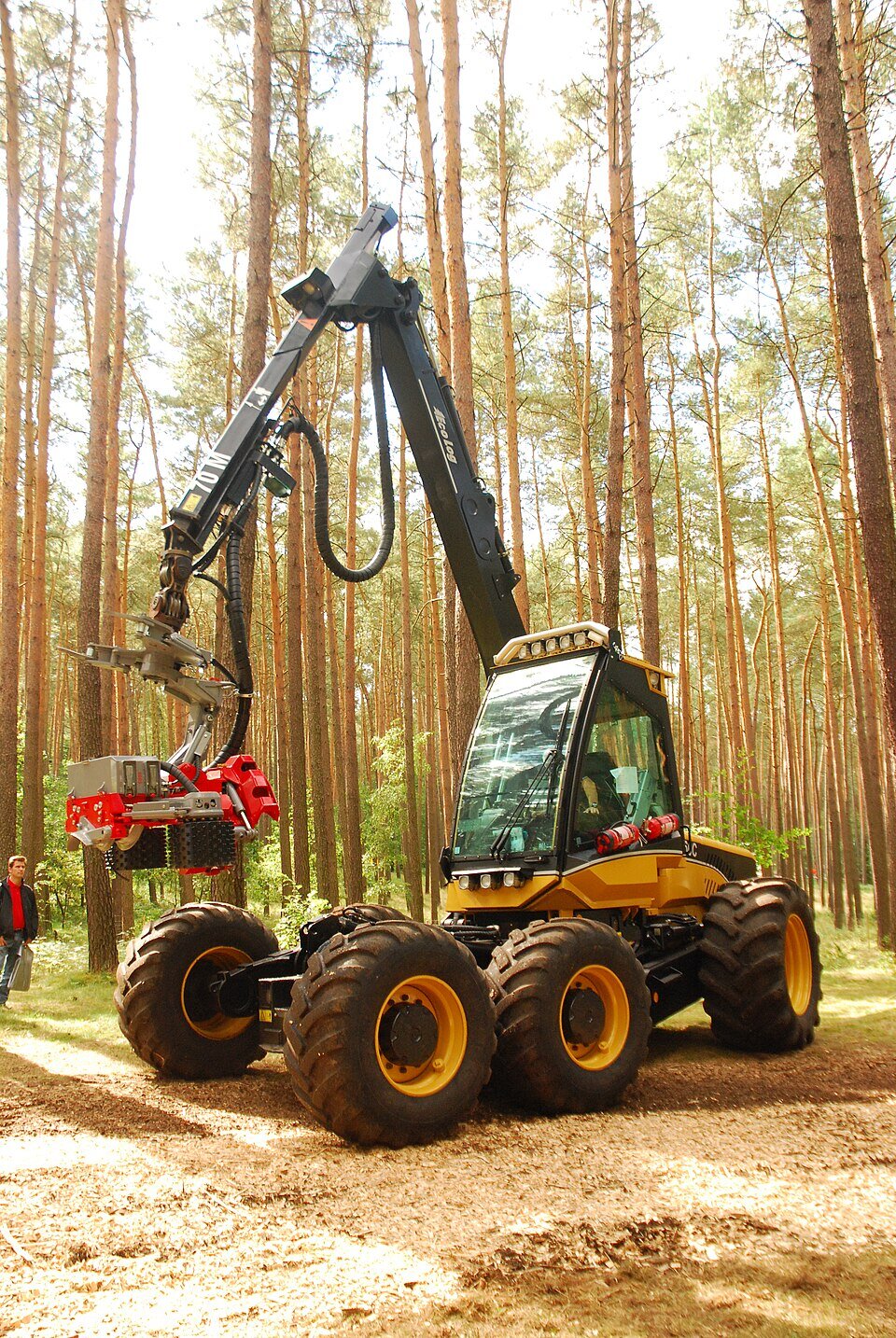 Duża maszyna leśna na ośmiu dużych kołach stoi na leśnej drodze wśród wysokich, prostych drzew. Ma przeszkloną kabinę oraz długi, czarny wysięgnik hydrauliczny zakończony czerwoną głowicą z rolkami i elementem tnącym, ustawioną przy pniu drzewa. Po lewej krawędzi zdjęcia widać stojącą osobę.
