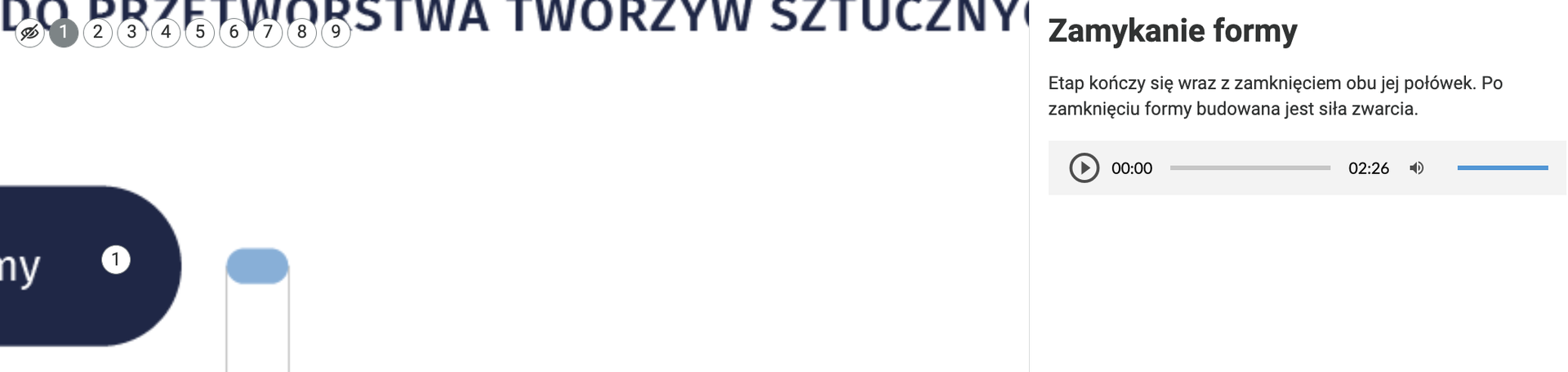 Zdjęcie przedstawia rozwinięcie pierwszego punktu interaktywnego schematu. Z prawej strony schematu widoczne jest nowe okno, w którym wyświetla się treść oraz ikona odtwarzacza audio.Z lewej strony widoczne są pozostałe interaktywne punkty planszy, które jeszcze nie zostały rozwinięte.