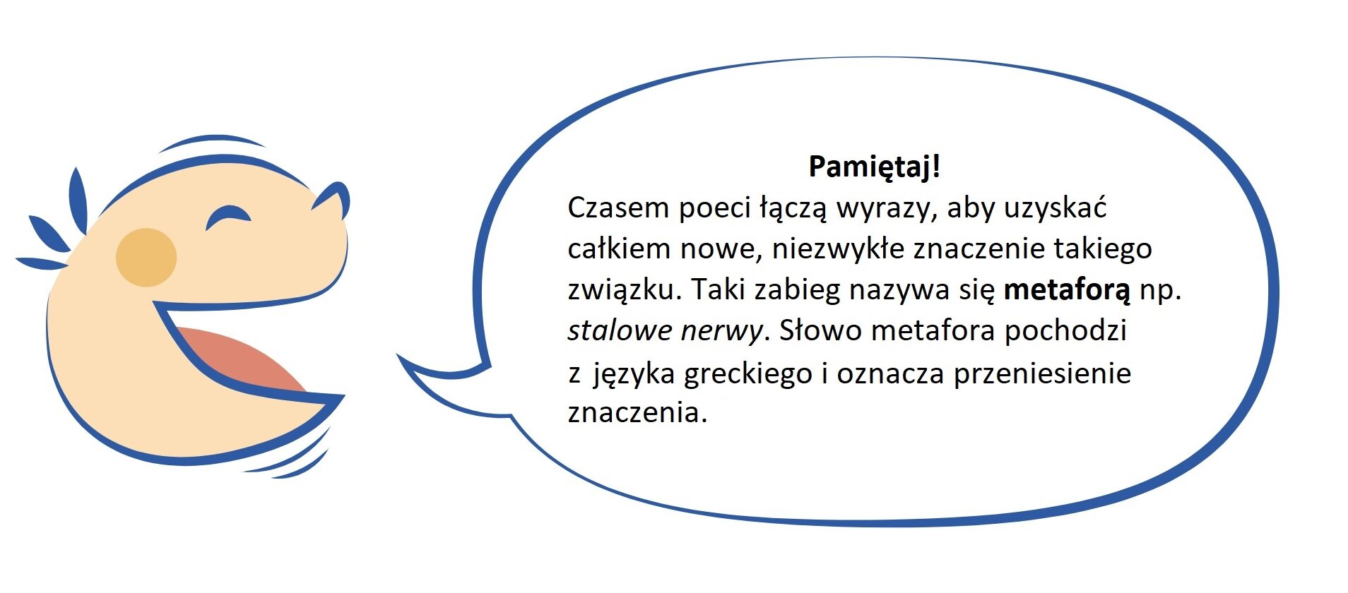 Grafika przedstawia głowę dziecka z dymkiem komiksowym. W dymku informacje: Pamiętaj!
Czasem poeci łączą wyrazy, aby uzyskać nowe, niezwykłe znaczenie takiego związku. Taki zabieg nazywa się metaforą np. stalowe nerwy. Słowo metafora pochodzi z języka greckiego i oznacza przeniesienie znaczenia.