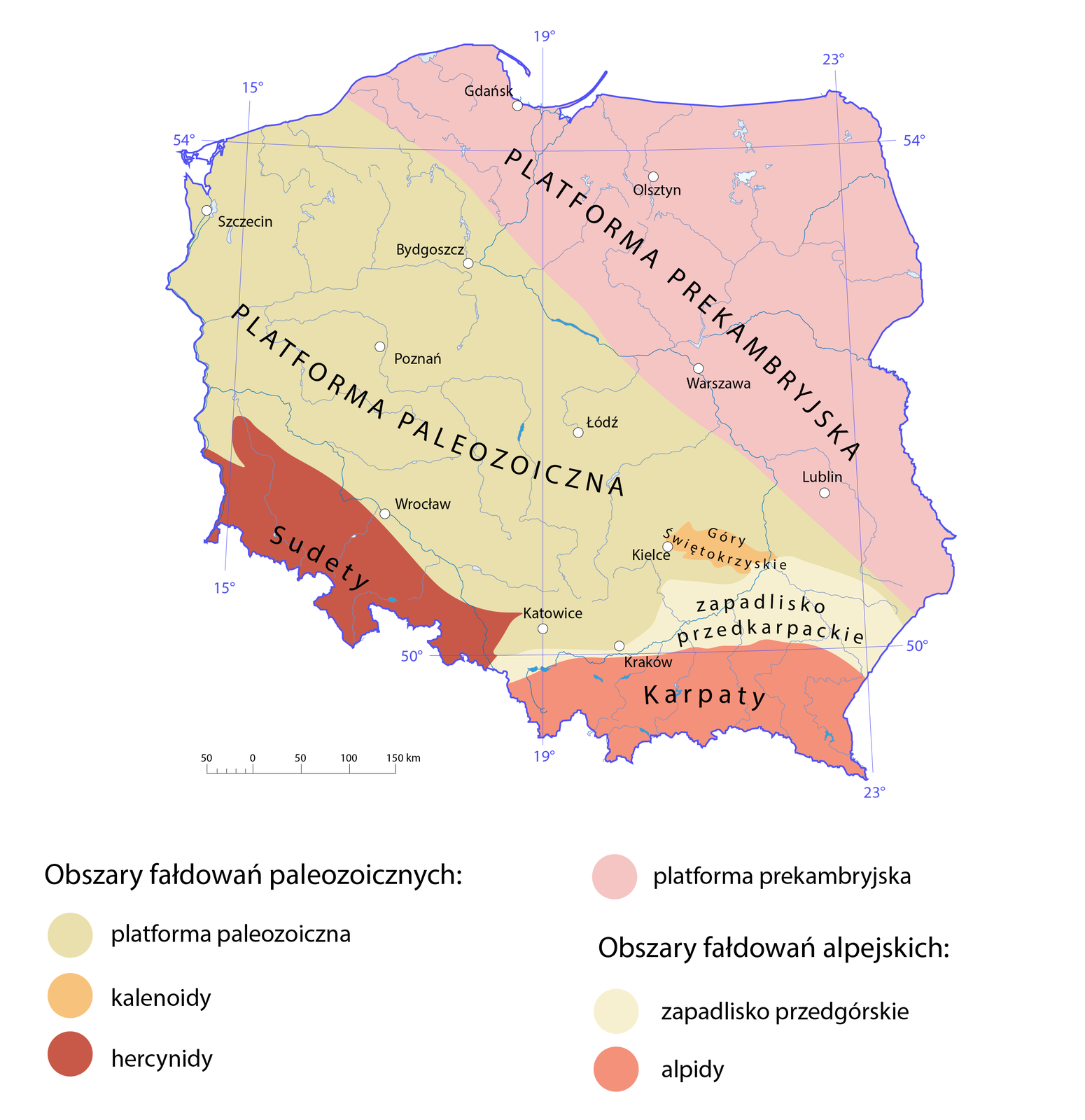 Mapa Polski przedstawiająca główne jednostki geologiczne występujące na tym obszarze. U dołu legenda. Wyróżniono w niej obszary fałdowań paleozoicznych i fałdowań alpejskich. Do paleozoicznych należy platforma paleozoiczna (oznaczona na mapie kolorem ciemnopiaskowym), kalenoidy (oznaczone kolorem pomarańczowym), hercynidy (oznaczone kolorem czerwonym) i platformę wschodnioeuropejską (kolorem jasnoróżowym). W skład fałdowań alpejskich wchodzi zapadlisko przedgórskie (kolorem jasnopiaskowym) oraz alpidy (kolorem różowym).