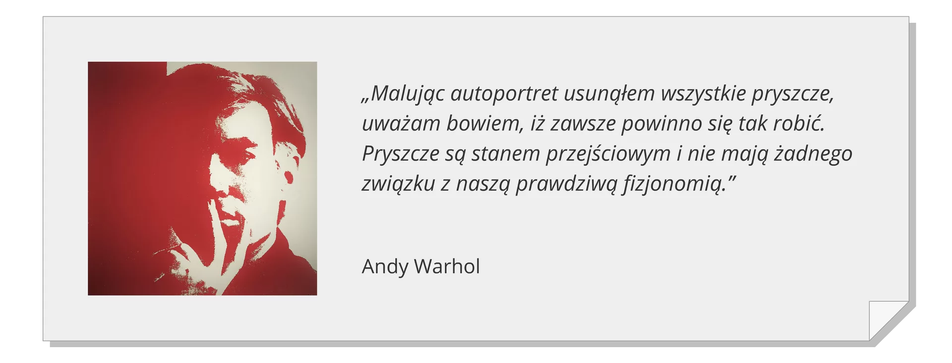 Ilustracja zawiera monochromatyczny autoportret Andy'ego Warhola w czerwonawo-brązowej tonacji. Twarz jest zacieniona z lewej i rozświetlona z prawej strony. Artysta trzyma dłoń na twarzy, przysłaniając brodę i część ust. Obok znajduje się cytat: „Malując autoportret usunąłem wszystkie pryszcze, uważam bowiem, iż zawsze powinno się tak robić. Pryszcze są stanem przejściowym i nie mają żadnego związku z naszą prawdziwą fizjonomią.”