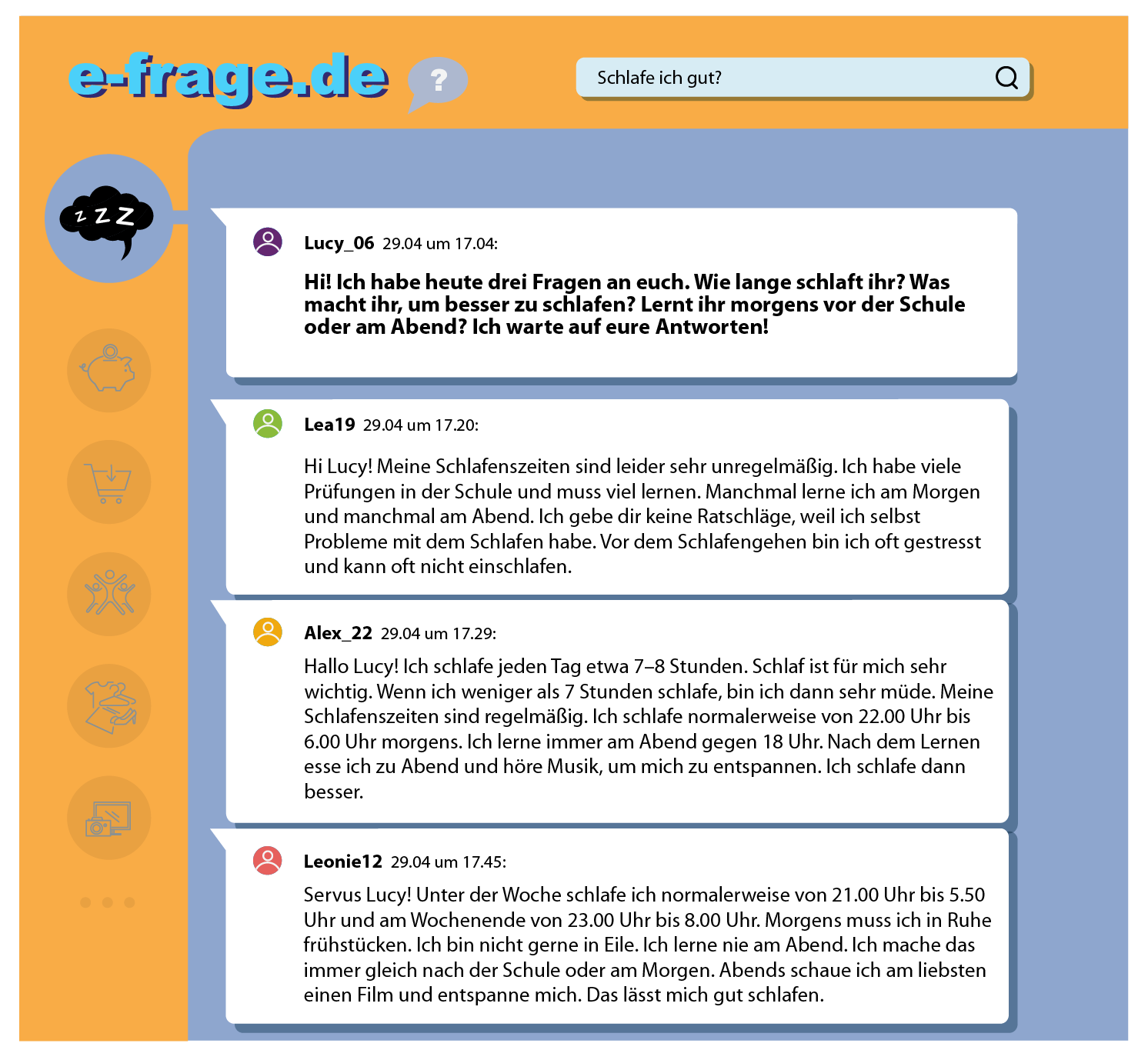 Ilustracja przedstawia wpisy na forum internetowym  e‑frage.de. Widoczne są komentarze pięciu użytkowników, korzystających z następujących pseudonimów  Lucy06 Lea19 Alex 22 Leonie12. Transkrypcja dostępna jest poniżej.