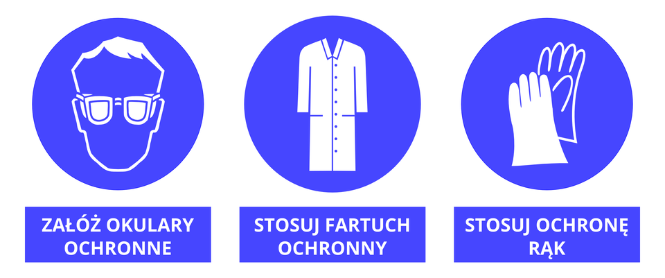 Ilustracja przedstawia trzy popularne znaki związane z Bezpieczeństwem i Higieną Pracy w laboratorium chemicznym. Wszystkie mają postać białych rysunków na tle niebieskich kół, pod którymi znajdują się białe podpisy w niebieskich prostokątach. Pierwszy znak od lewej przedstawia zarys ludzkiej twarzy z nałożonymi okularami, na dole podpis: załóż okulary ochronne. Drugi, środkowy, przedstawia fartuch, na dole podpis: stosuj fartuch ochronny. Trzeci znak, licząc od lewej strony, przedstawia parę rękawic, na dole podpis: stosuj ochronę rąk.