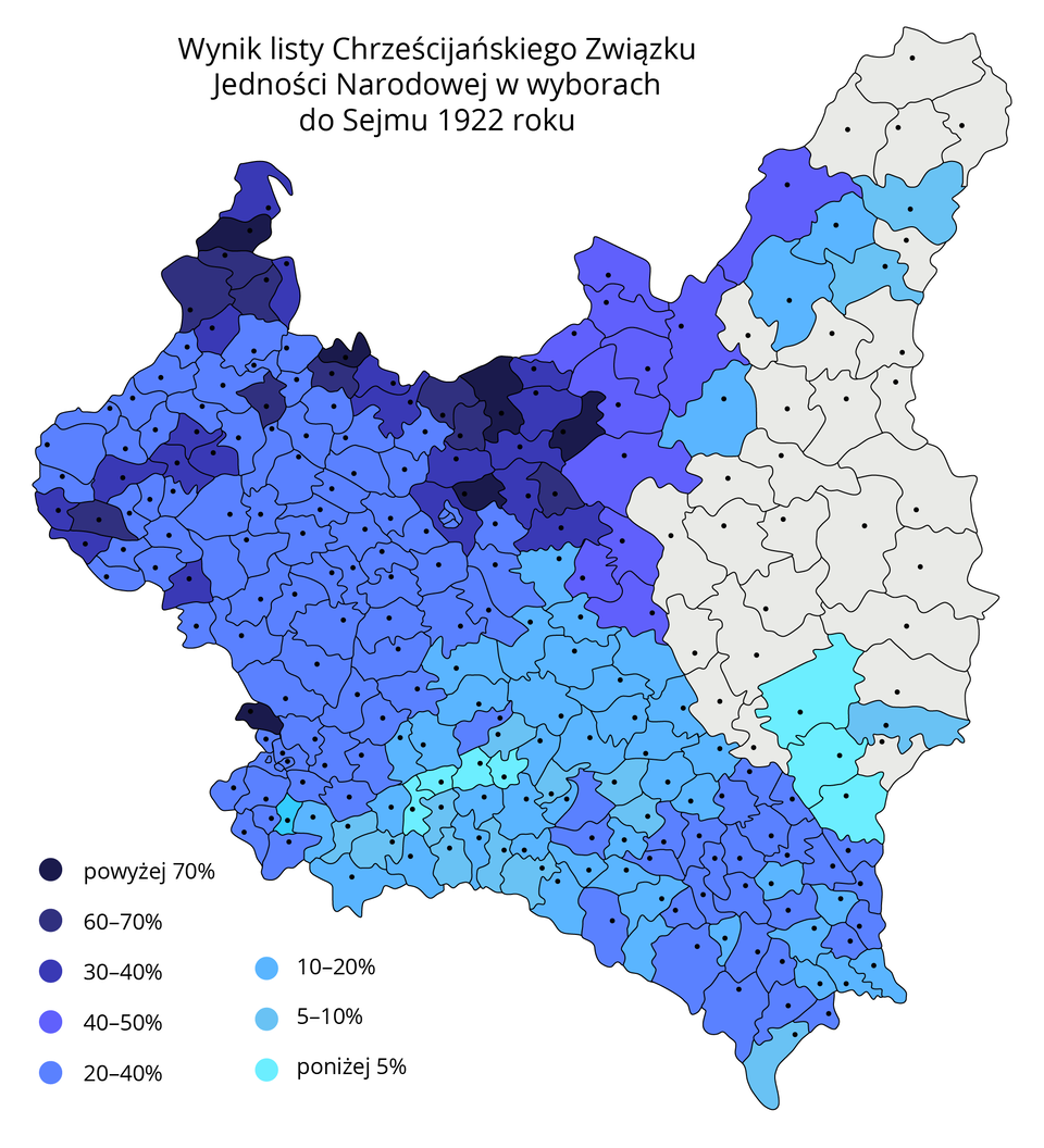Mapa przedstawia wynik listy Chrześcijańskiego Związku Jedności Narodowej z 1922 r. Wynik poparcia powyżej 70% osiągnięto w północnej części Polski w kilku miejscach na zachodzie. Wynik 60‑70% osiągnięto w północnej Polsce, 40‑50% na północnym wschodzie, 30‑40% na wschodzie i w części południowych krańców Polski. Wynik 20‑40% osiągnięto na południowym wschodzie, a 10‑20% w centralnej części Polski, natomiast 5‑10% na północy. 0% poparcia dla Chrześcijańskiego Związku Jedności Narodowej osiągnięto w powiatach znajdujących się na wschodzie kraju.