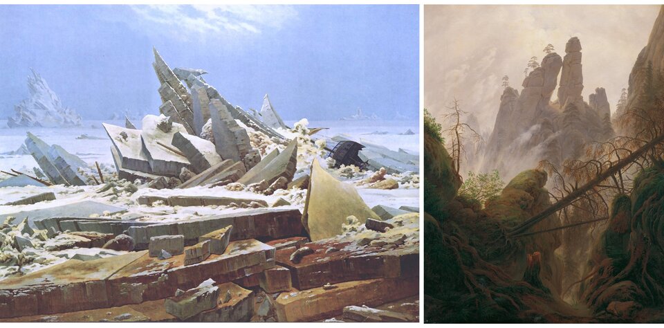 Ilustracja przedstawia dwa obrazy. Opis obrazu po lewej stronie: Na pierwszym planie tego obrazu znajdują się spiętrzone odłamy lodu. Tworzą one nieregularną, postrzępioną konstrukcję. Przed tą lodową konstrukcją znajdują się rozrzucone w nieładzie kawałki drewna. Z prawej strony konstrukcji lodowej znajduje się niewielki fragment wraku statku. W tle, z lewej strony, znajduje się kolejna, podobna do pierwszej konstrukcja lodowa. Niebo, które góruje nad całym krajobrazem, jest niebieskie. Opis obrazu po prawej stronie: Na pierwszym planie obrazu tytułowy wąwóz. Po jego lewej i prawej stronie znajdują się nieregularne, skalne wzniesienia porośnięte mchem. Nad wąwozem znajduje się zwalone drzewo. Na drugim planie znajdują się skalne górskie wzniesienia. Są one różnej wielkości i wysokości. Na ich szczytach rosną drzewa. 