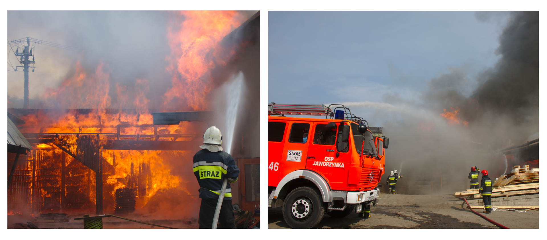 Ilustracja składa się z dwóch zdjęć. Zdjęcie z lewej przedstawia gaszenie pożaru dużego budynku. Ogień przebija się przez szkielet konstrukcyjny oraz resztki dachu. Po prawej stronie zdjęcia strażak trzymający wąż strażacki. Z węża wydobywa się silny strumień wody kierowany w górę w stronę pożaru. Cała lewa część zdjęcia to palący się budynek. Drugie zdjęcie przedstawia wóz strażacki. Wóz znajduje się w lewej części zdjęcia. Za wozem widoczne strumienie wody skierowane na dopalające się części budynku znajdującego się przed wozem strażackim po prawej stronie zdjęcia. Pomiędzy wozem a budynkiem znajduje się plac. Na środku leżą drewniane deski, nienaruszone przez płomienie. Wokół poruszają się strażacy. Dwójka strażaków znajduje się przy stercie desek, kolejną dwójkę widać w oddali zdjęcia, trzymając razem wąż gaśniczy starają się ugasić pożar.
