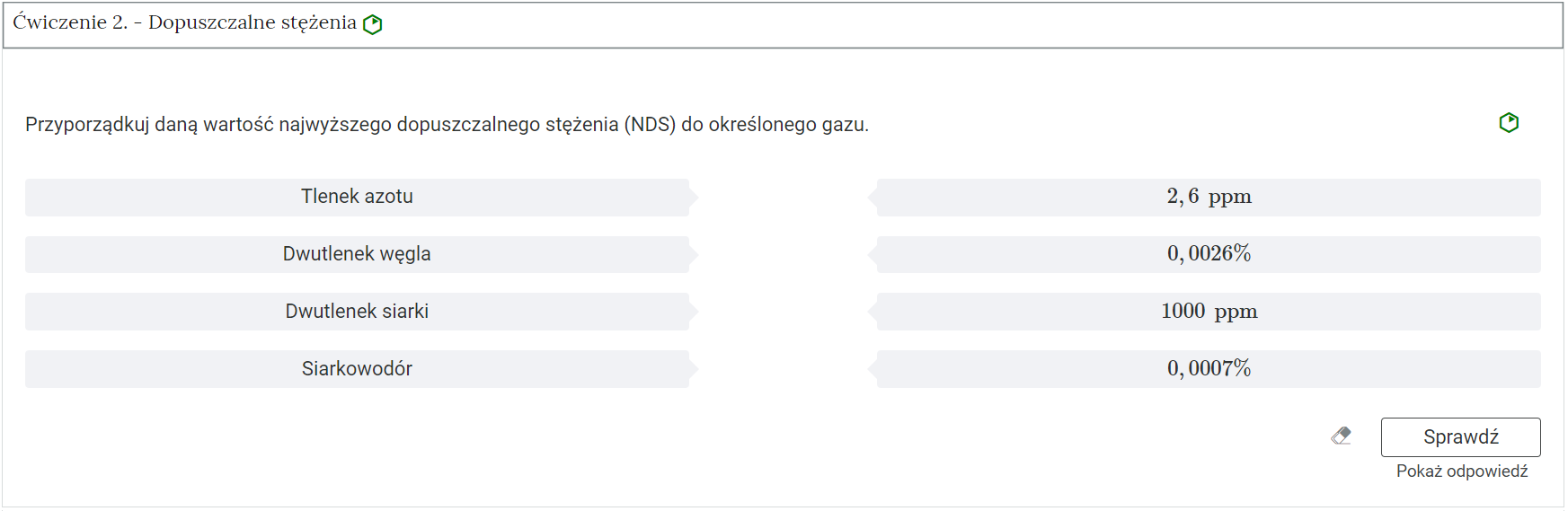 Zdjęcie przedstawia otwartą zakładkę z przykładowym zadaniem. Pod nazwą zakładki znajduje się polecenie. Pod poleceniem widać treść zadania z odpowiedziami do wyboru. Po prawej stronie polecenia widać żółty sześciokąt. Poniżej zadania, po prawej stronie panelu znajduje się ikona sprawdź. Po jej lewej stronie widać symbol gumki. Poniżej przycisku sprawdź znajduje się napis pokaż odpowiedź.