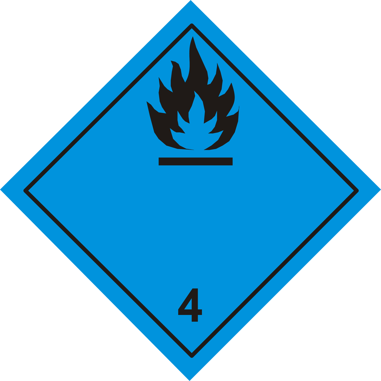Ilustracja przedstawia oznaczenie Niebezpieczne w zetknięciu z wodą. Ma ono kształt rombu w kolorze niebieskim. Wzdłuż krawędzi znajduje się czarny pasek obramowania, a wewnątrz jest symbol płomienia nad poziomym paskiem. Poniżej symbolu jest cyfra cztery.