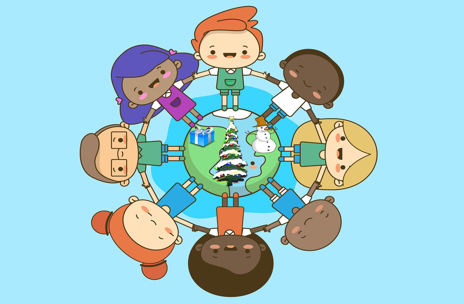 Grafika przedstawia globus i stojące na nim dookoła dzieci, trzymające się za ręce. W globus wpisana jest choinka, bałwan i pudełko prezentowe. Dzieci mają różne kolory skóry, różne kolory włosów i są ubrane w kolorowe stroje. Na ich buziach rysuje się uśmiech. Całość przedstawiona na niebieskim tle. 