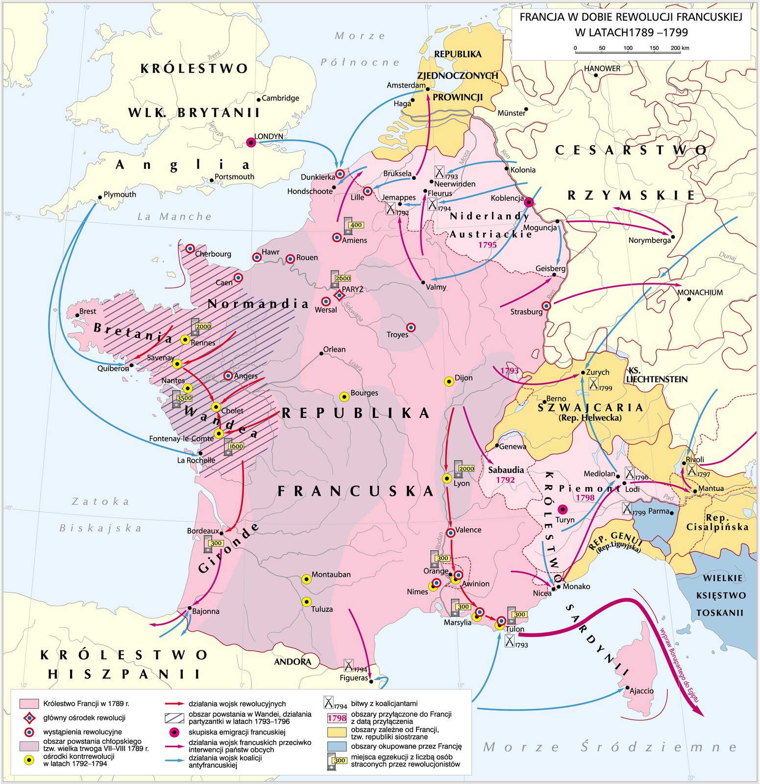 Kliknij, aby powiększyć Na mapie zaznaczone są:
granice Królestwa Francji w 1789 roku;
obszary powstania chłopskiego tzw. wielka trwoga od lipca do sierpnia 1789 roku:
przez Tuluzę, Montauban obszary od południa do północy kraju do Hawr, obszar środkowo‑wschodni kraju, oraz obszary z miastem Troyes
działania wojsk rewolucyjnych:
z okolic Dijon, przez Lyon, Valence, Awinion, Marsylię, do Tulonu;
z okolic Normandii, Bretanii do miasta Cholet w Wandei. Stamtąd do Bordeaux;
obszar powstania w Wandei, działania partyzantki w latach 1793‑1796:
obszar prowincji Normandi (częściowo), Wandei z miastami m.in. Nantes, Angers, Cholet, Fontenay‑le‑Comte, La Rochelle.
działania wojsk francuskich przeciwko interwencji państw obcych:
z Brukseli do Amsterdamu; z Valmy do Jemappes; do Geisberg; ze Strasburga do Monachium; do Sabaudii, do Zurychu; z Monako przez Lodi do Mantui i Rivoli; z Tulonu wyprawa Bonapartego do Egiptu; z Bordeaux przez Bajonna do Hiszpanii.
działania wojsk koalicji antyfrancuskiej:
z Cesarstwa Rzymskiego do Niderlandów Austriackich i na teren Francji.
Główny ośrodek rewolucji:
Paryż
Miasta gdzie odbyły się wystąpienia rewolucyjne:
Dunkierka; Lille; Amiens; Rouen; Hawr; Cherbourg; Caen; Angers; Wersal; Troyers; Strasburg; Valence; Awinion; Nimes; Marsylia; Tulon.
obszary przyłączone do Francji z datą przyłączenia;
Ośrodki kontrrewolucji w latach 1792‑1794:
Marsylia; Tulon; Nimes; Awinion; Montauban;
Tuluza; Lyon; Bourges; Fontenay‑le Comte;
Cholet; Nantes; Savenay; Dijon;
Skupiska emigracji francuskiej:
Turyn; Londyn; Koblencja;
Obszary zależne od Francji, tak zwane republiki siostrzane:
Republika Genui (Republika Liguyjska);
Republika Cisalpińska;
Szwajcaria (Republika Helwecka);
Republika Zjednoczonych Prowincji;
Obszary przyłączone do Francji z datą przyłączenia:
1792 - Sabaudia;
1795 - Niderlandy Austriackie;
1798 - Piemont;
Miejsca egzekucji z liczbą osób straconych przez rewolucjonistów:
Tulon - 300;
Marsylia - 300;
Orange - 300;
Lyon - 2000;
Bordeaux - 300;
Nantes - 3500;
Rennes - 2000;
Paryż - 2600;
Amiens - 400;
Miejsca bitew z koalicjantami:
1792 - Jemappes;
1793 - Neerwinden;
1793 - Tulon;
1794 - Fleurus;
1794 - Figueras;
1796 - okolice Mediolanu;
1797 - Rivoli;
1799 - Zurych,
1799 - okolice Parmy